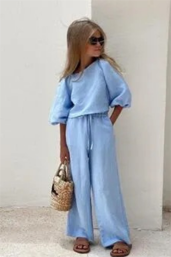 Kız Çocuk Keten Mavi Balon Kol Takım
