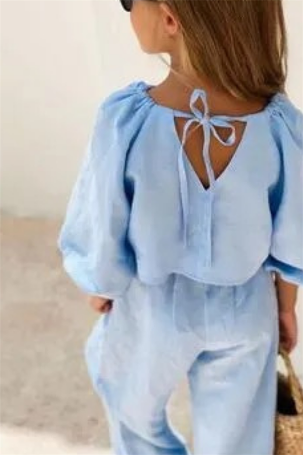 Kız Çocuk Keten Mavi Balon Kol Takım