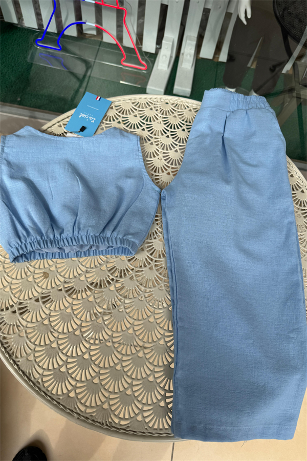 Kız Çocuk Keten Mavi İkili Takım 