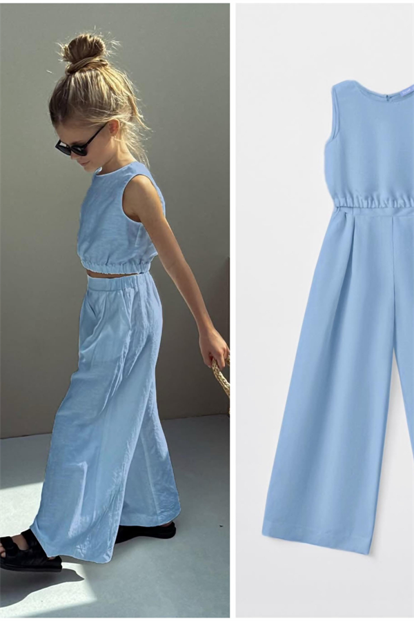 Kız Çocuk Keten Mavi İkili Takım 