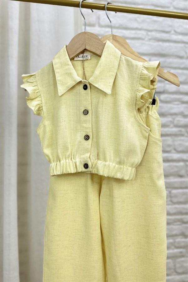 Kız Çocuk Keten Özel Seri Düğmeli Sarı İkili Takım