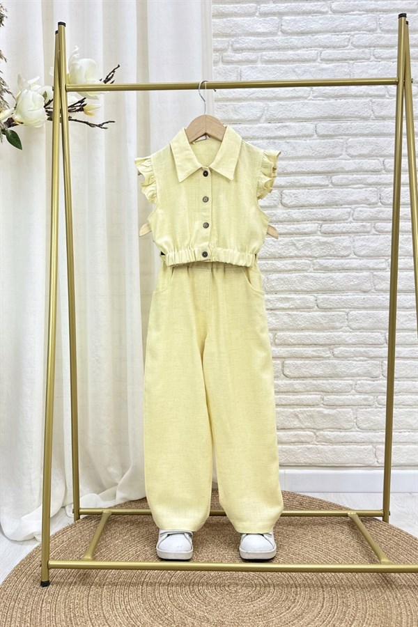 Kız Çocuk Keten Özel Seri Düğmeli Sarı İkili Takım
