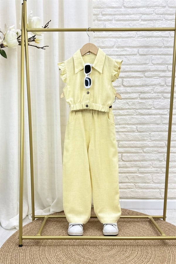 Kız Çocuk Keten Özel Seri Düğmeli Sarı İkili Takım
