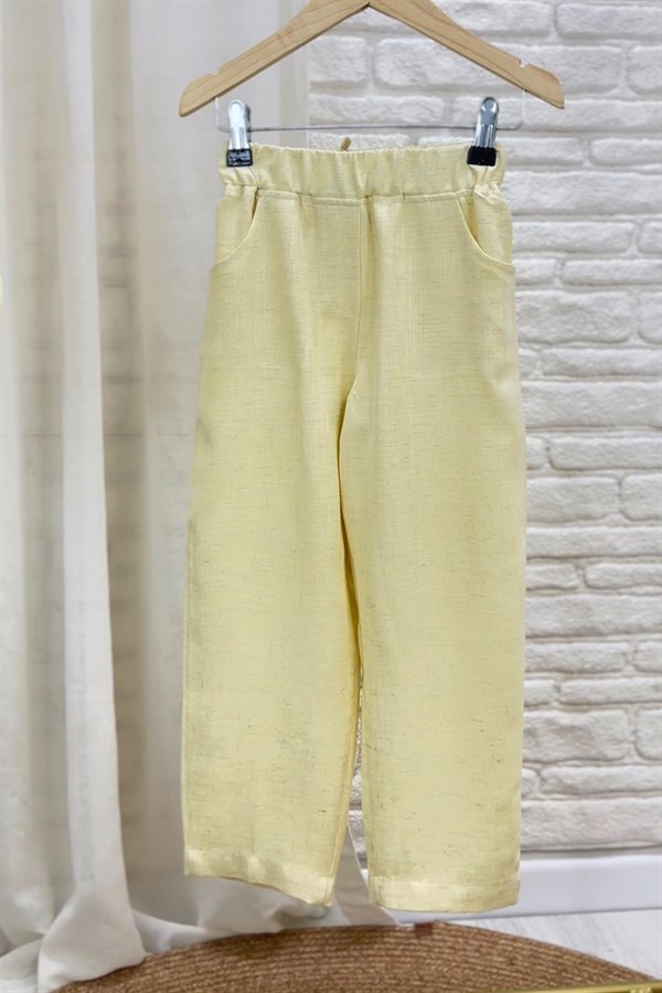 Kız Çocuk Keten Özel Seri Düğmeli Sarı İkili Takım