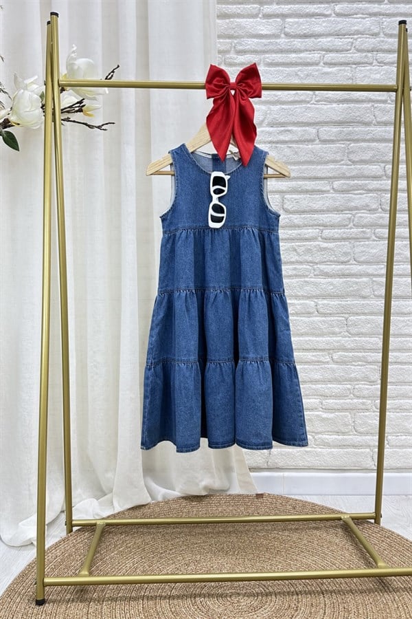 Kız Çocuk  Keten Özel Seri Volanlı Denim Elbise