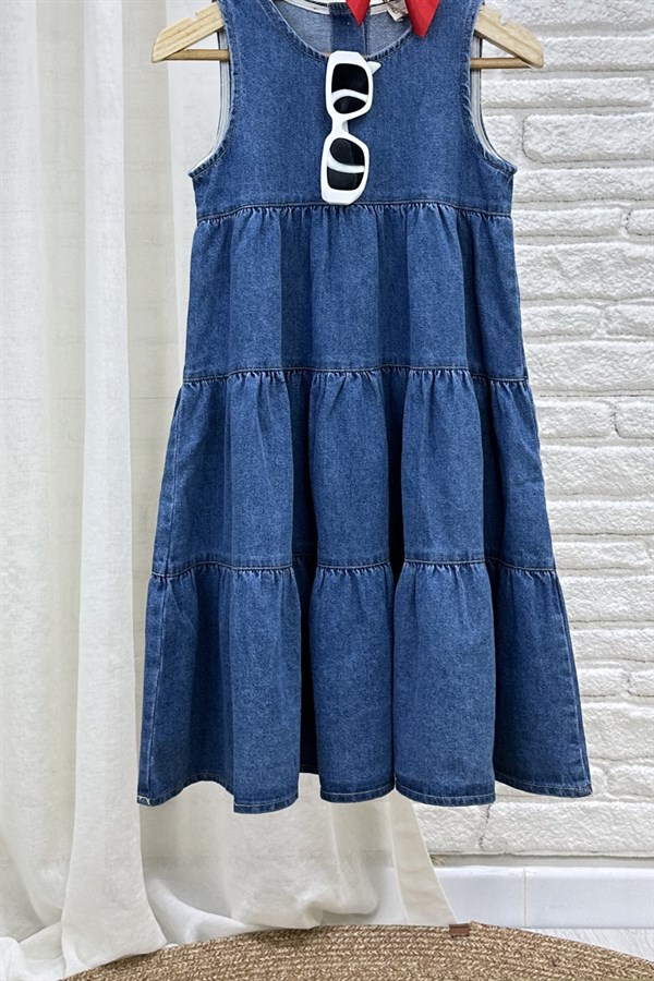 Kız Çocuk  Keten Özel Seri Volanlı Denim Elbise