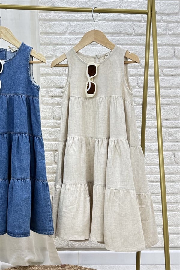 Kız Çocuk  Keten Özel Seri Volanlı Naturel Elbise