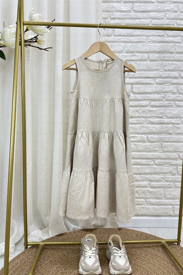 Kız Çocuk  Keten Özel Seri Volanlı Naturel Elbise