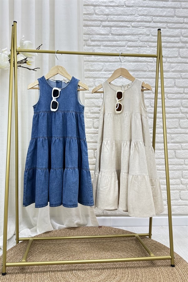 Kız Çocuk  Keten Özel Seri Volanlı Naturel Elbise