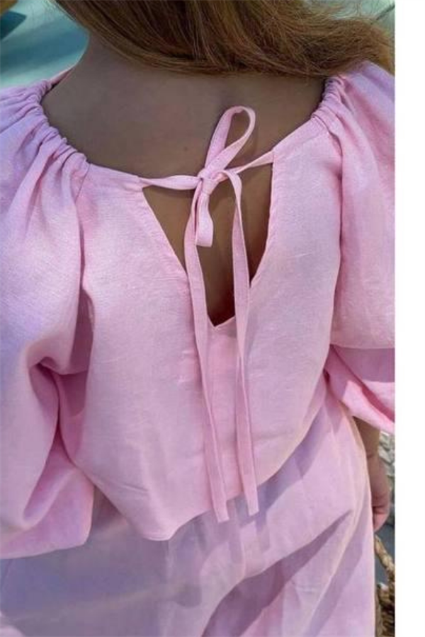 Kız Çocuk Keten Pembe Balon Kol Takım