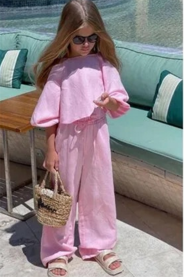 Kız Çocuk Keten Pembe Balon Kol Takım
