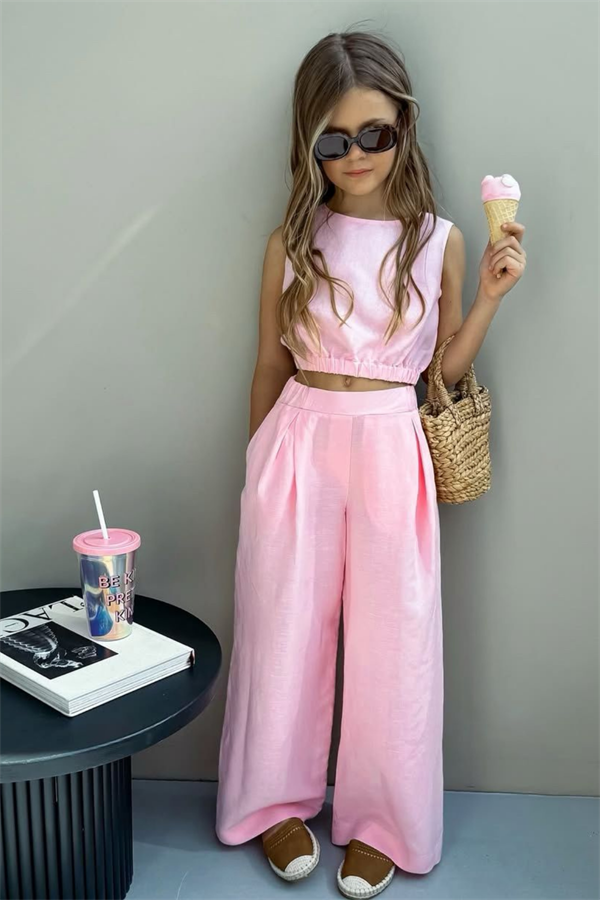 Kız Çocuk Keten Pembe İkili Takım 