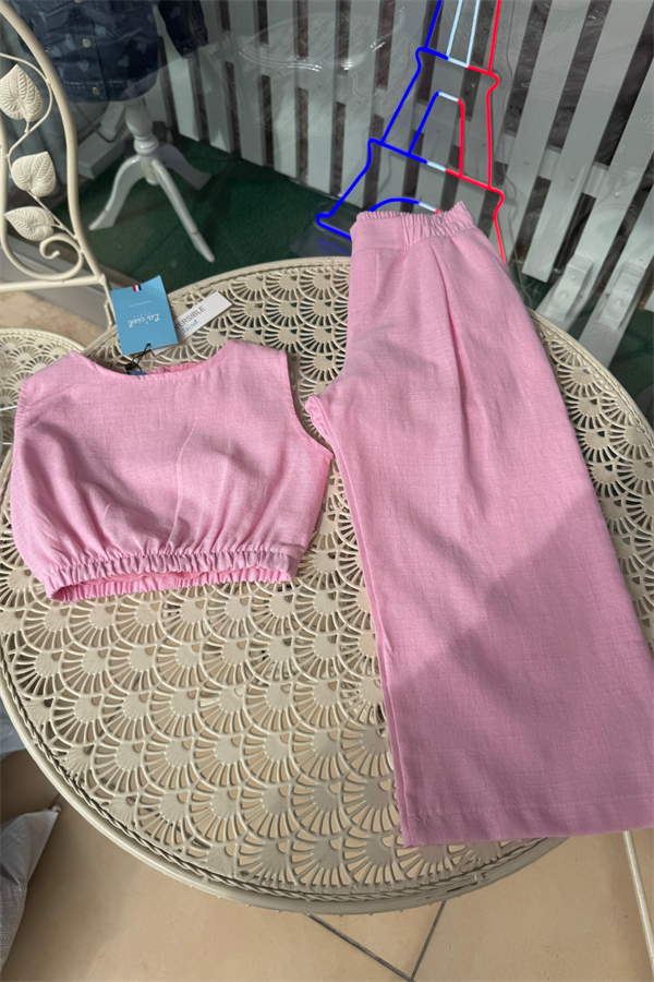 Kız Çocuk Keten Pembe İkili Takım 