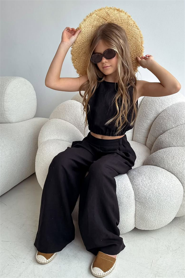 Kız Çocuk Keten Siyah İkili Takım 