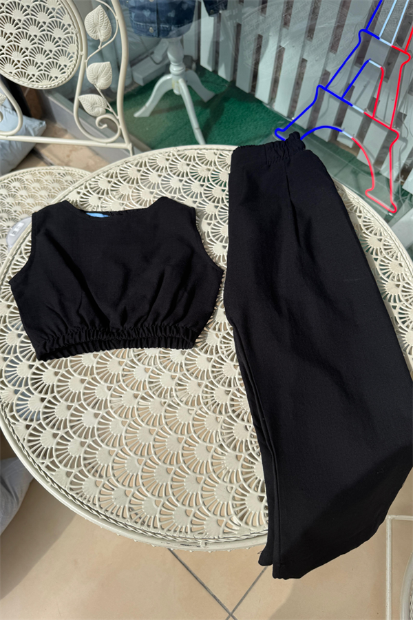 Kız Çocuk Keten Siyah İkili Takım 