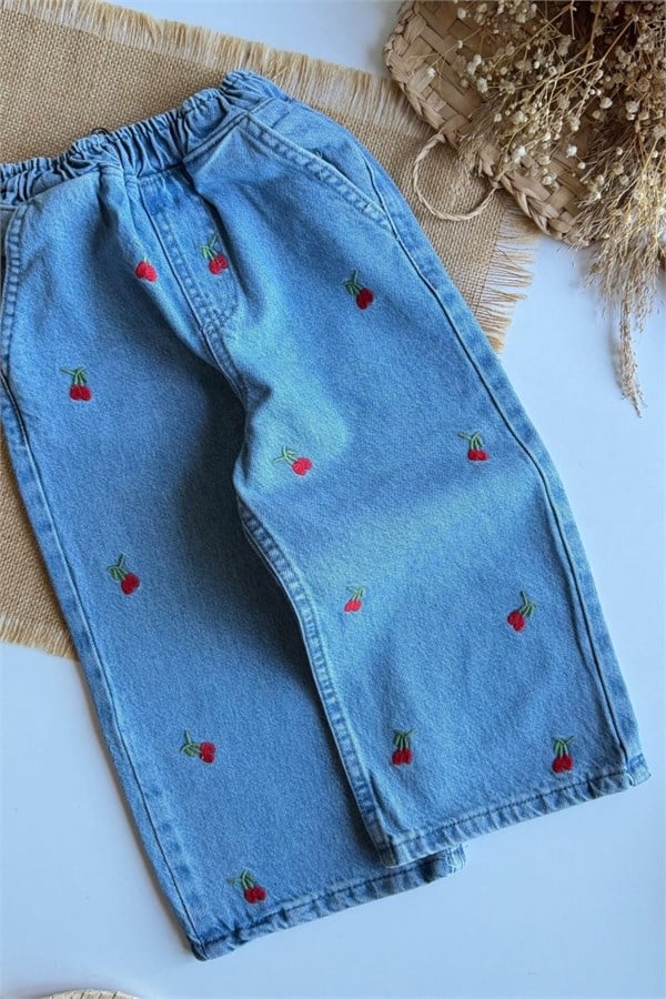 Kız Çocuk Kiraz Nakışlı Jean Pantolon