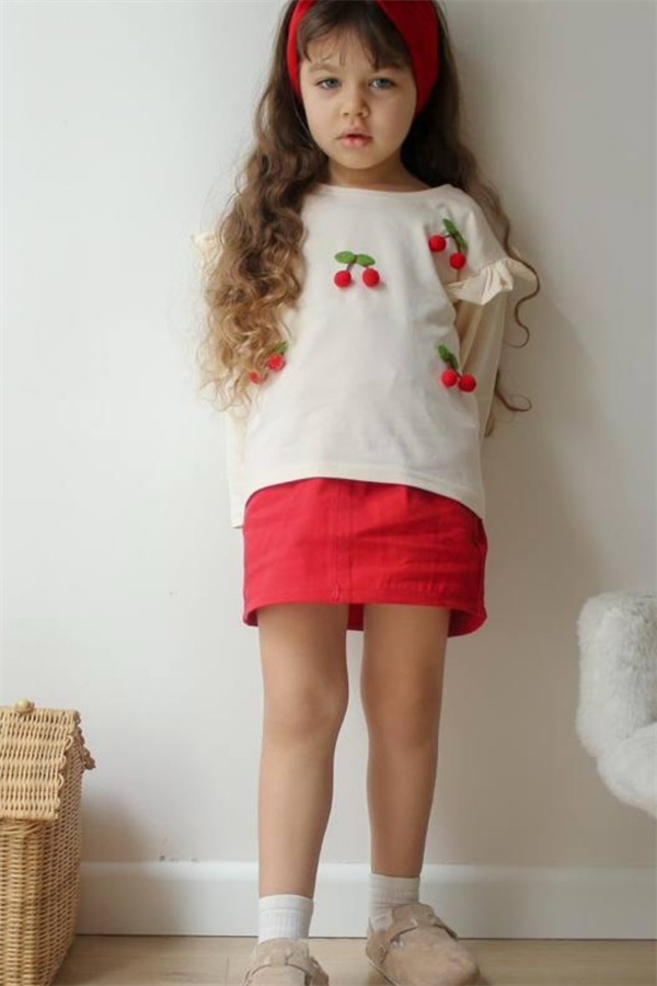 Kız Çocuk Kirazlı Bluz&Denim Etek Takım 