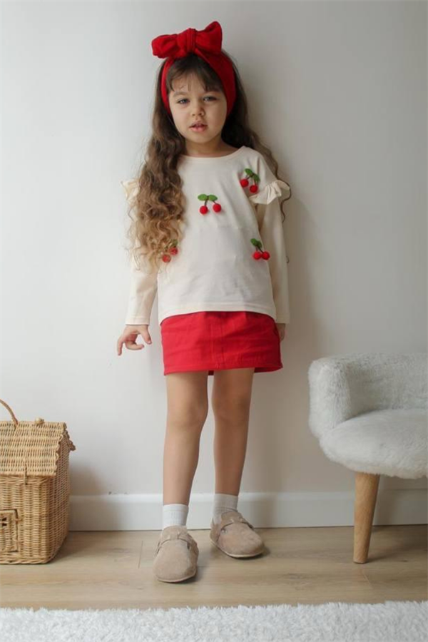 Kız Çocuk Kirazlı Bluz&Denim Etek Takım 