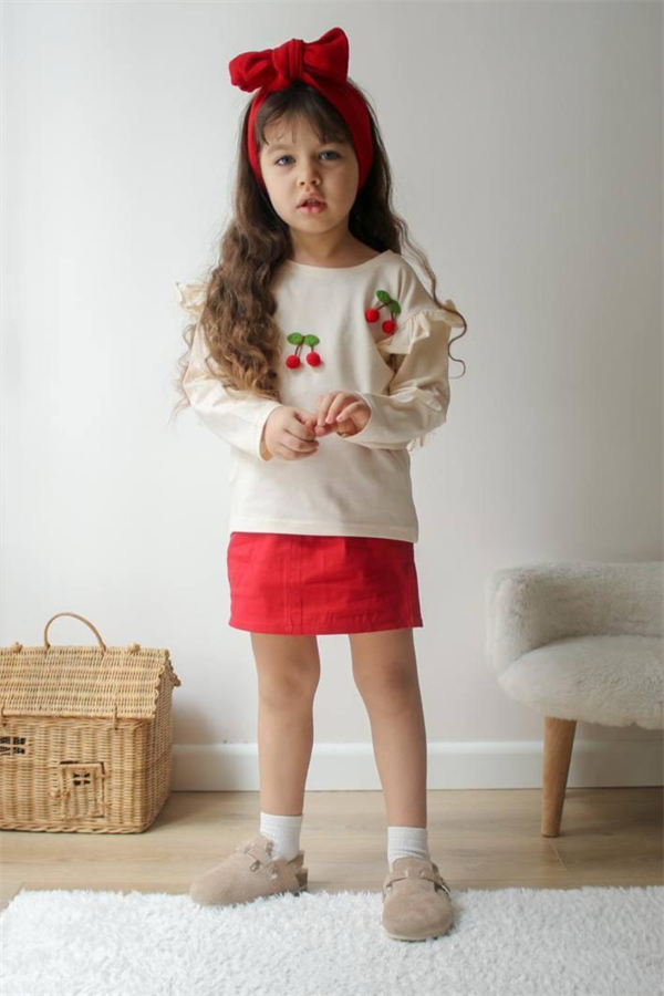 Kız Çocuk Kirazlı Bluz&Denim Etek Takım 