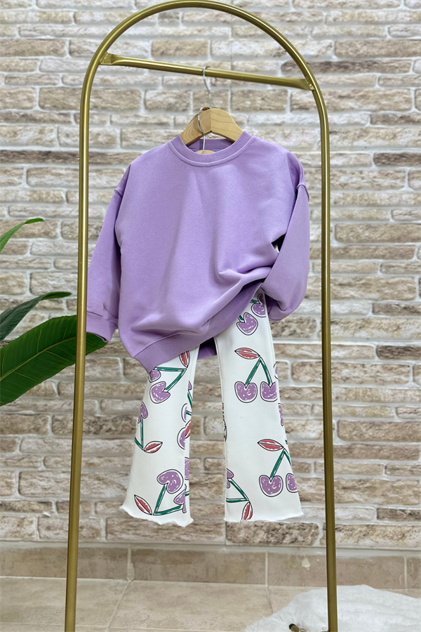 Kız Çocuk Kirazlı Lila Taytlı Takım