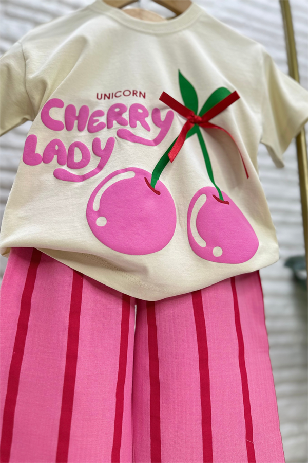 Kız Çocuk Kirazlı Müslin Pantolon Takım 