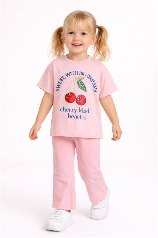 Kız Çocuk Kirazlı Pembe Tshirtlü İkili Takım