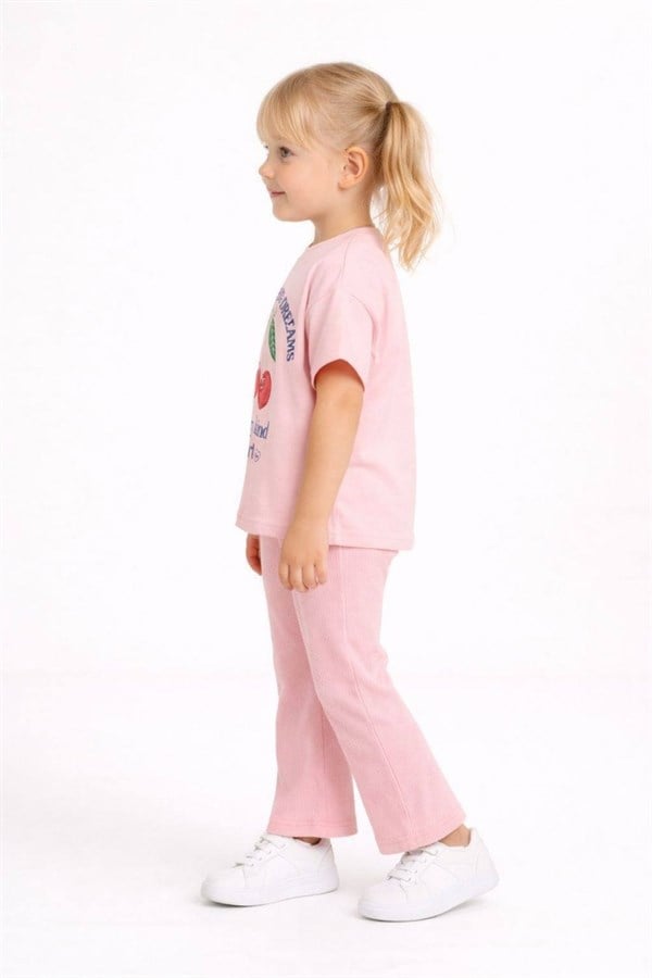 Kız Çocuk Kirazlı Pembe Tshirtlü İkili Takım