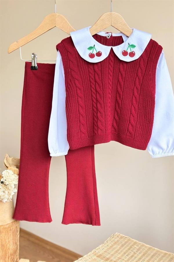 Kız Çocuk Kirazlı Triko Gömlek Tayt Takım