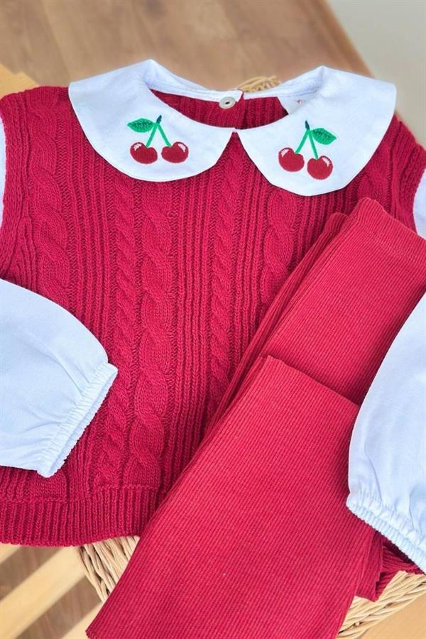 Kız Çocuk Kirazlı Triko Gömlek Tayt Takım