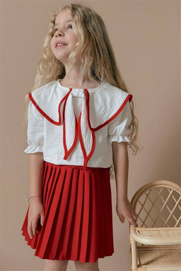 Kız Çocuk Kırmızı Piliseli Eetek Bluz Takım