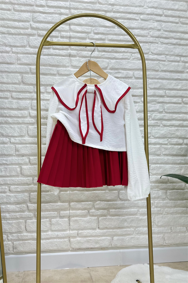 Kız Çocuk Kırmızı Piliseli Etekli Takım 