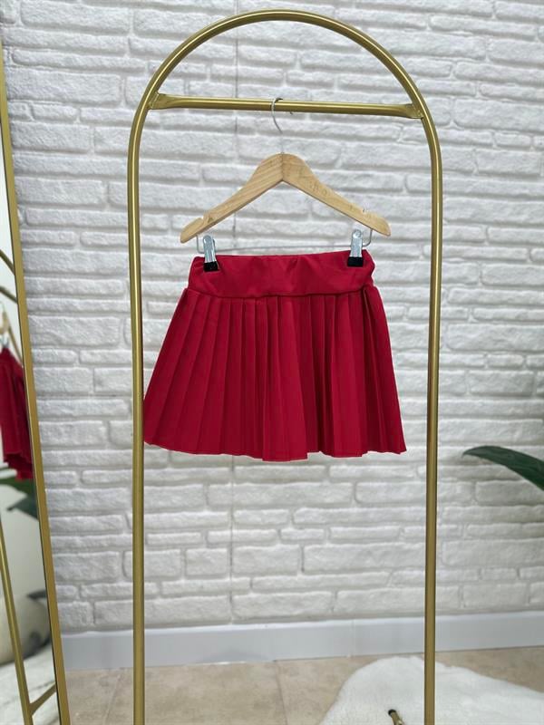 Kız Çocuk Kırmızı Piliseli Etekli Takım 