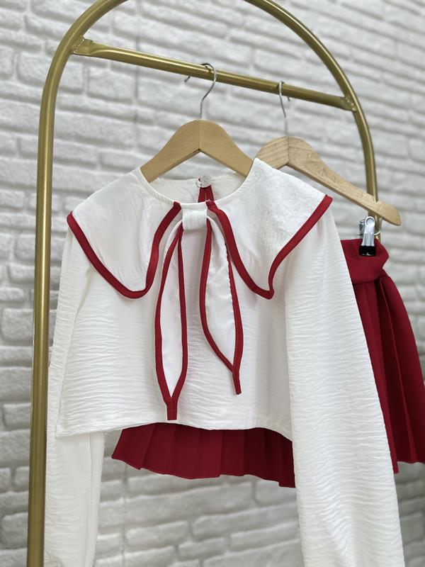 Kız Çocuk Kırmızı Piliseli Etekli Takım 