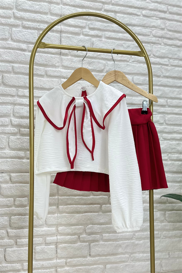 Kız Çocuk Kırmızı Piliseli Etekli Takım 