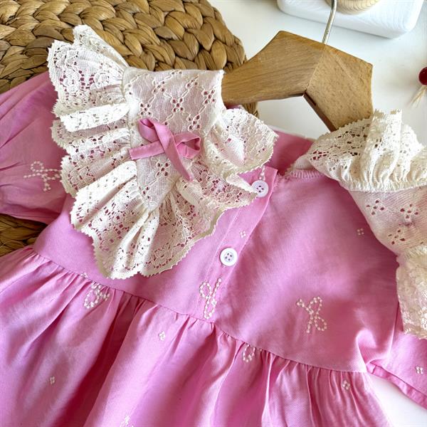 Kız Çocuk Kurdela Detaylı Güpürlü Pembe Elbise   