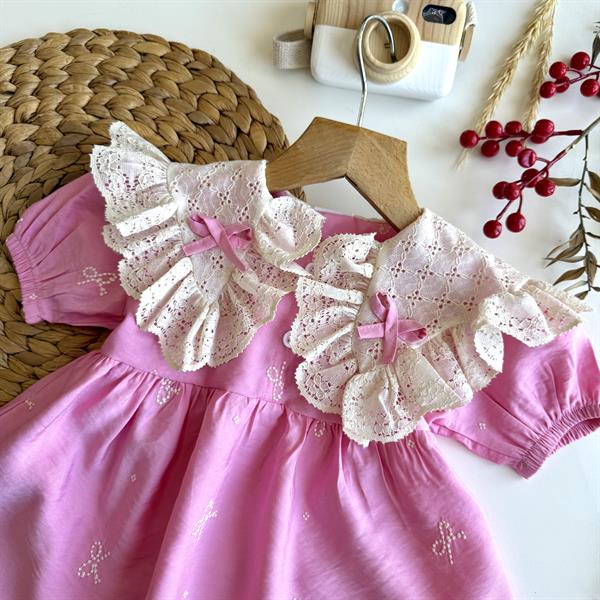 Kız Çocuk Kurdela Detaylı Güpürlü Pembe Elbise   