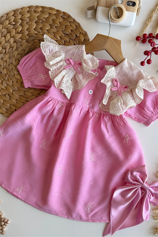 Kız Çocuk Kurdela Detaylı Güpürlü Pembe Elbise   