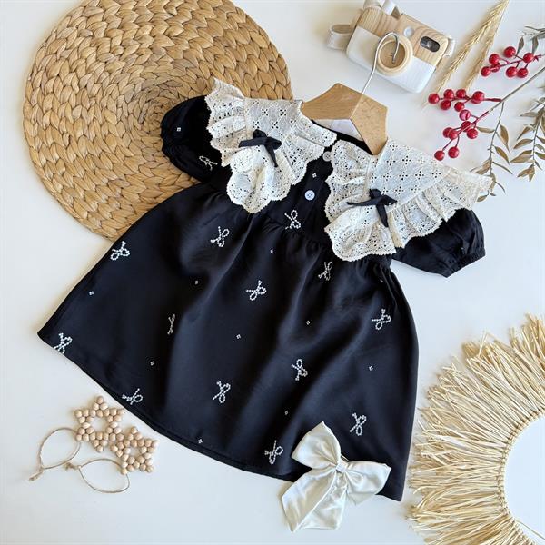 Kız Çocuk Kurdela Detaylı Güpürlü Siyah Elbise  