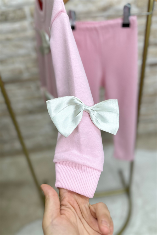 Kız Çocuk Kurdele Detaylı 3 iplik Taytlı Takım