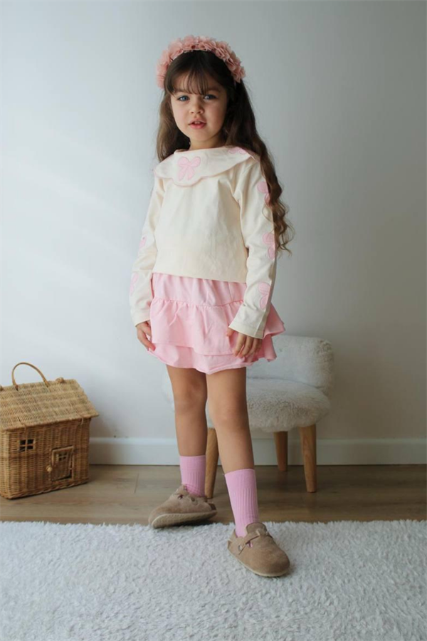 Kız Çocuk Kurdele Detaylı Etekli Takım 