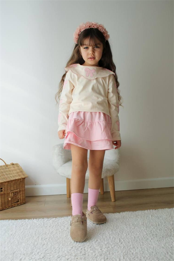 Kız Çocuk Kurdele Detaylı Etekli Takım 