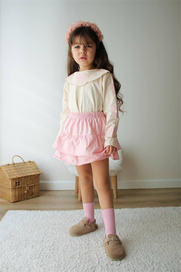 Kız Çocuk Kurdele Detaylı Etekli Takım 