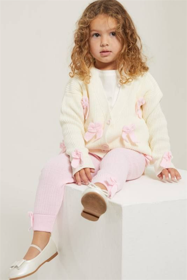 Kız Çocuk Kurdele Detaylı Triko Hırkalı Taytlı Takım