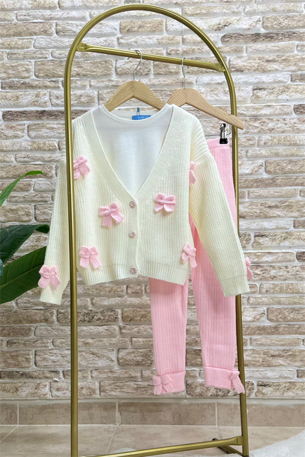 Kız Çocuk Kurdele Detaylı Triko Hırkalı Taytlı Takım