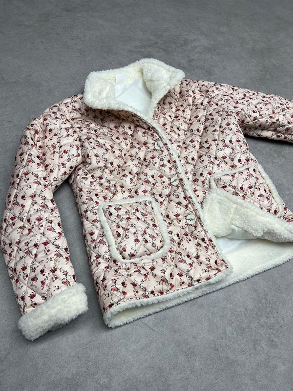 Kız Çocuk Kürk Detaylı Çiçekli Mont