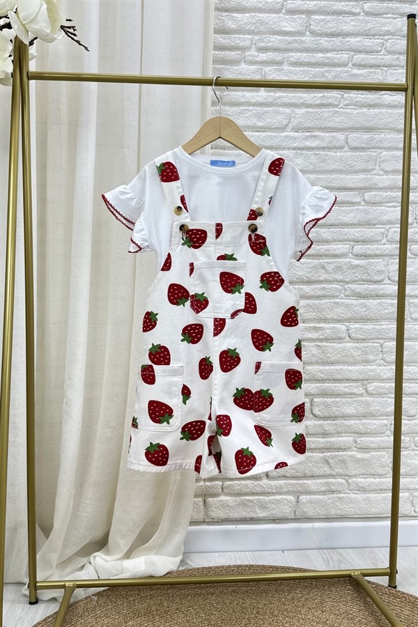 Kız Çocuk Laciel Bluz Dahil Çilekli Denim Salopet İkili Takım