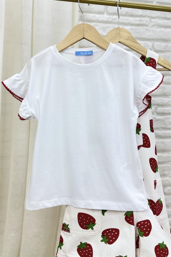 Kız Çocuk Laciel Bluz Dahil Çilekli Denim Salopet İkili Takım