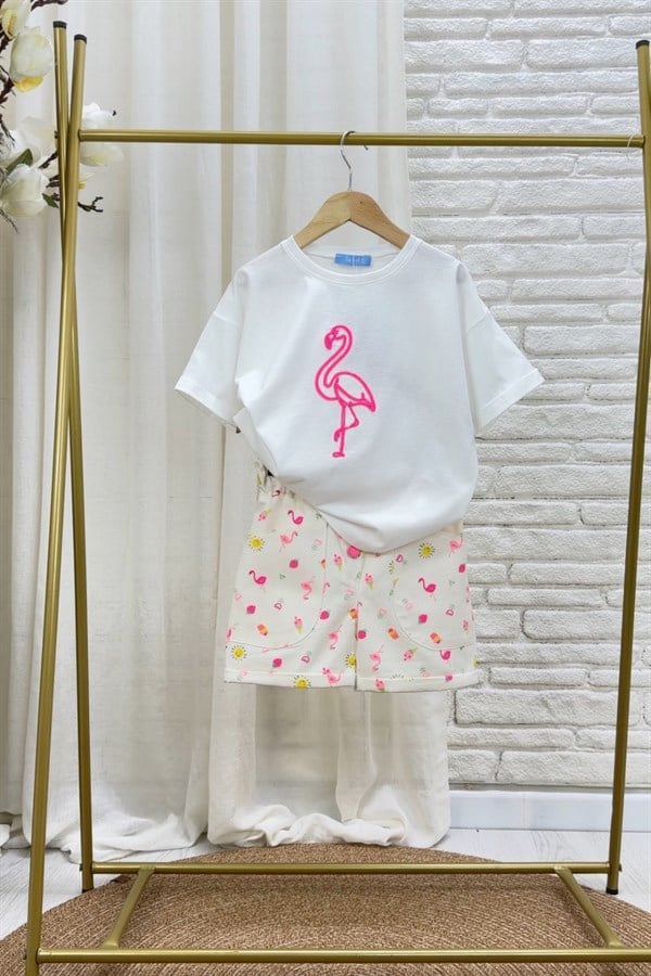 Kız Çocuk Laciel Flamingo Denim Şortlu Takım