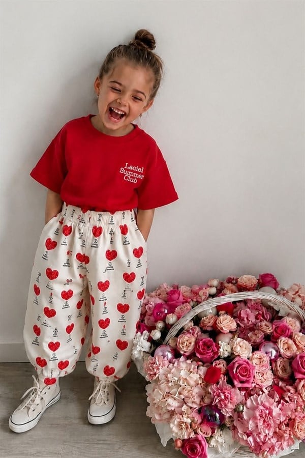 Kız Çocuk Laciel Takım Kalpli Baloon Jean Summer Tshirt