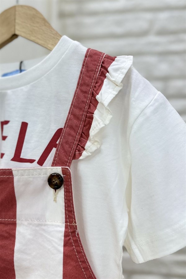 Kız Çocuk Laciel Tshirt Dahil Çizgili Denim Salopet İkili Takım